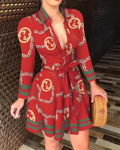 2020 New Autumn/Winter Women'S Dress Amazon Fashion Long Sleeve V-Neck Tied Printed Dress European American Cross-Border Style