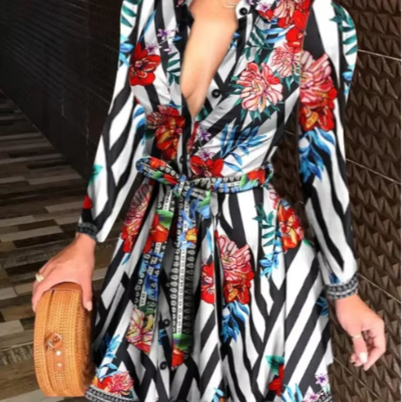 2020 New Autumn/Winter Women'S Dress Amazon Fashion Long Sleeve V-Neck Tied Printed Dress European American Cross-Border Style