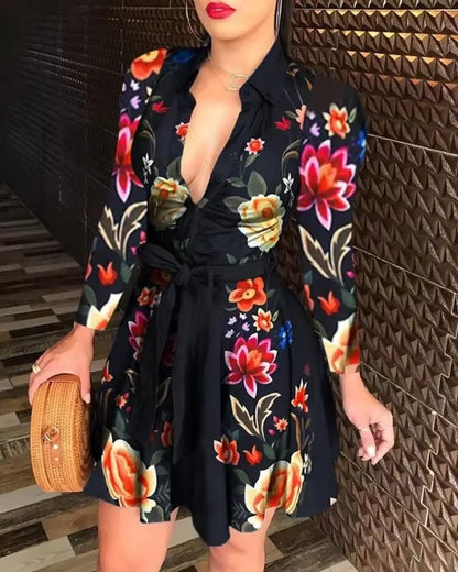 2020 New Autumn/Winter Women'S Dress Amazon Fashion Long Sleeve V-Neck Tied Printed Dress European American Cross-Border Style