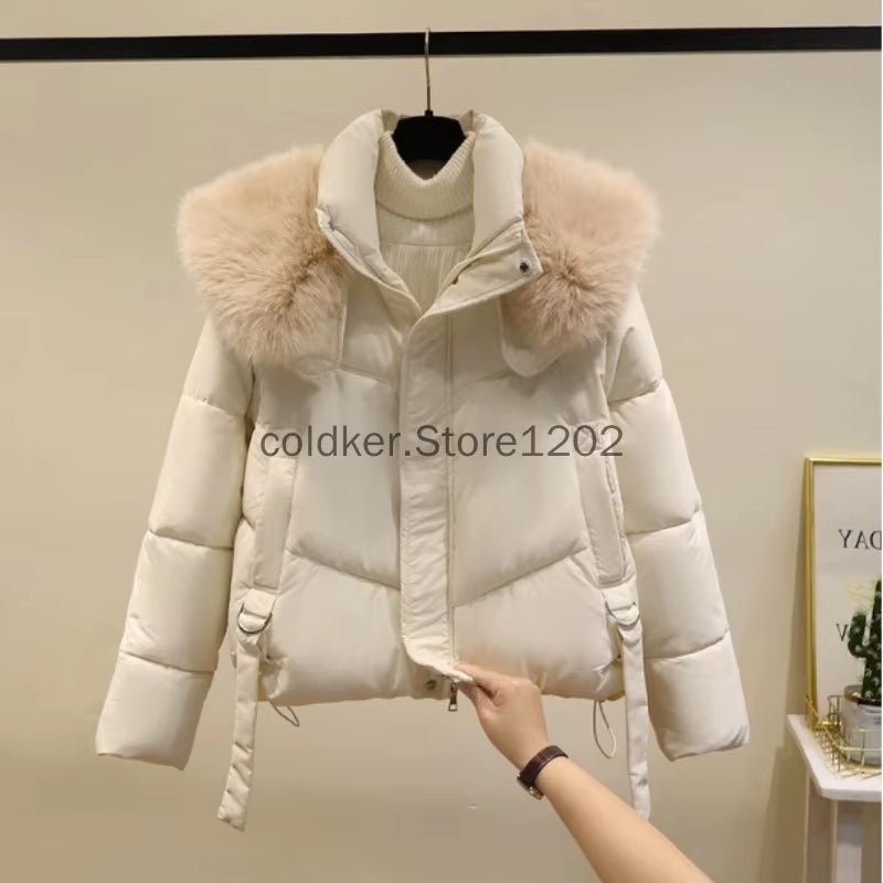 2024 Korean Fashion Fur Collar Winter Women White Jacket Ladies Vintage Short Warm Puffer Coat Female Parka Outerwear