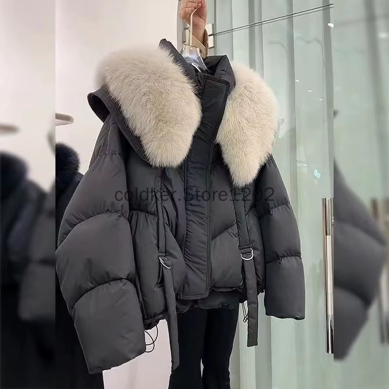 2024 Korean Fashion Fur Collar Winter Women White Jacket Ladies Vintage Short Warm Puffer Coat Female Parka Outerwear