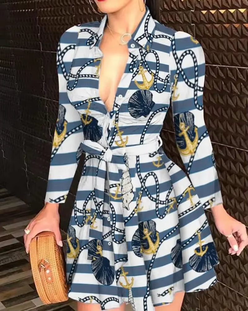 2020 New Autumn/Winter Women'S Dress Amazon Fashion Long Sleeve V-Neck Tied Printed Dress European American Cross-Border Style