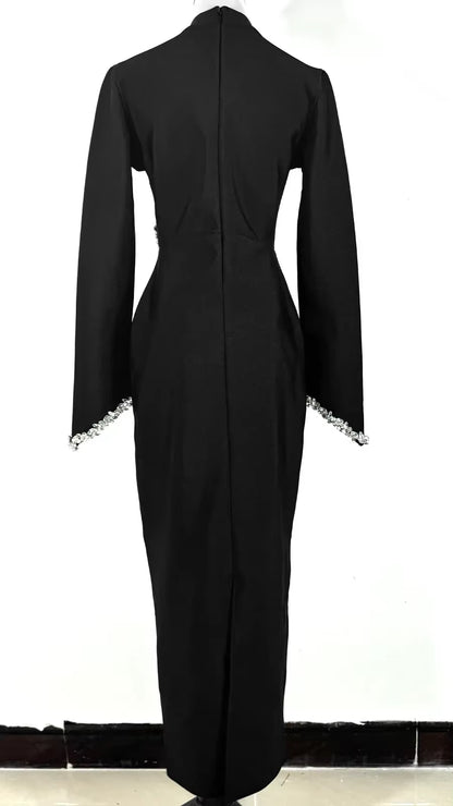 2024 New Black Slim and Slim Beaded Long Sleeve Bandage Dress Long Dress Maxi Dresses for Women