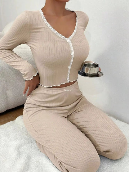 2024 Autumn Winter Homewear Pajamas Set for Women Long Sleeves Shirt Trousers 2 Pieces Sexy Lace Pijamas Sleepwear Loungewear