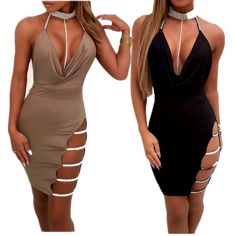 2024 Europe and the United States Sexy Suspender Wrap Hip Skirt Side Slit Hot Drill Low Cut Hanging Neck Tight Club Dress