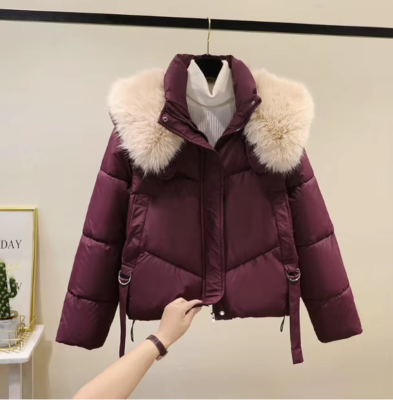 2024 Korean Fashion Fur Collar Winter Women White Jacket Ladies Vintage Short Warm Puffer Coat Female Parka Outerwear