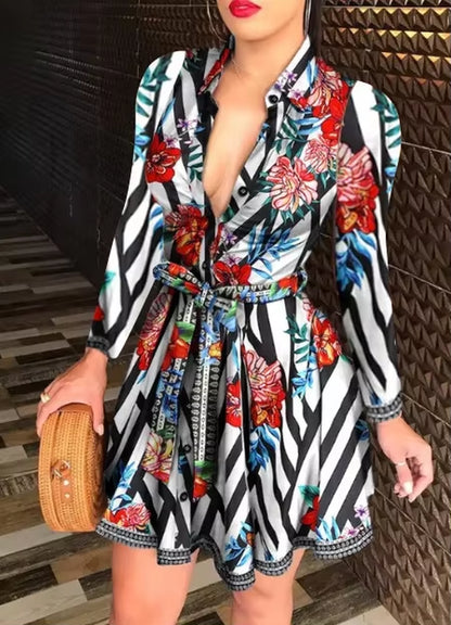 2020 New Autumn/Winter Women'S Dress Amazon Fashion Long Sleeve V-Neck Tied Printed Dress European American Cross-Border Style