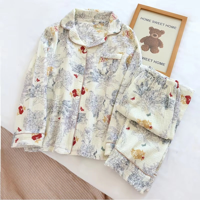 100% Cotton Gauze Women Pajamas Sleepwear Female 2 Piece Set Ink Painting Printing Nightwear Pyjamas Home Clothes Loungewear