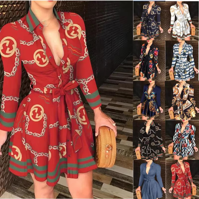 2020 New Autumn/Winter Women'S Dress Amazon Fashion Long Sleeve V-Neck Tied Printed Dress European American Cross-Border Style