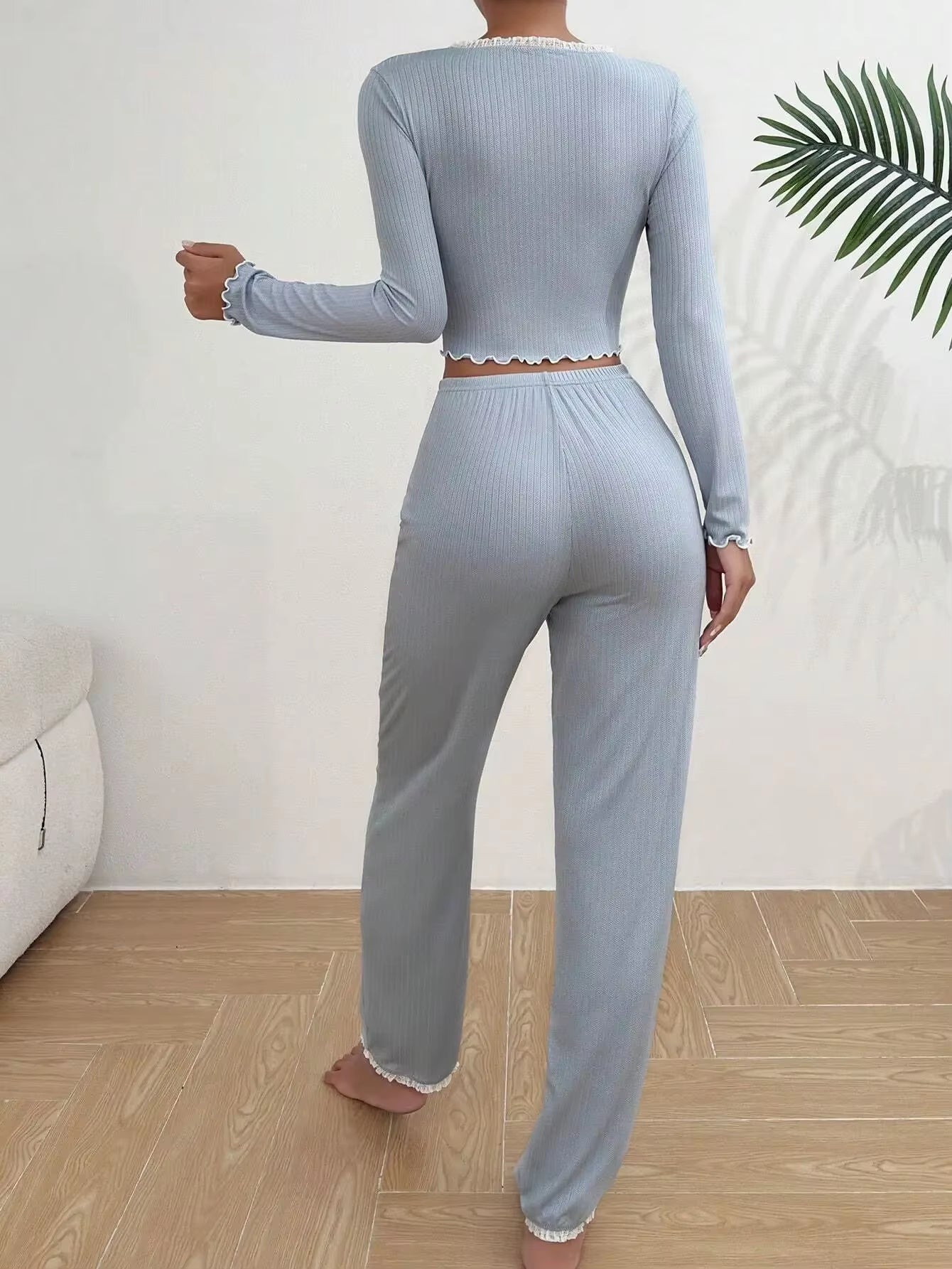 2024 Autumn Winter Homewear Pajamas Set for Women Long Sleeves Shirt Trousers 2 Pieces Sexy Lace Pijamas Sleepwear Loungewear