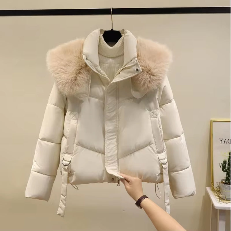 2024 Korean Fashion Fur Collar Winter Women White Jacket Ladies Vintage Short Warm Puffer Coat Female Parka Outerwear