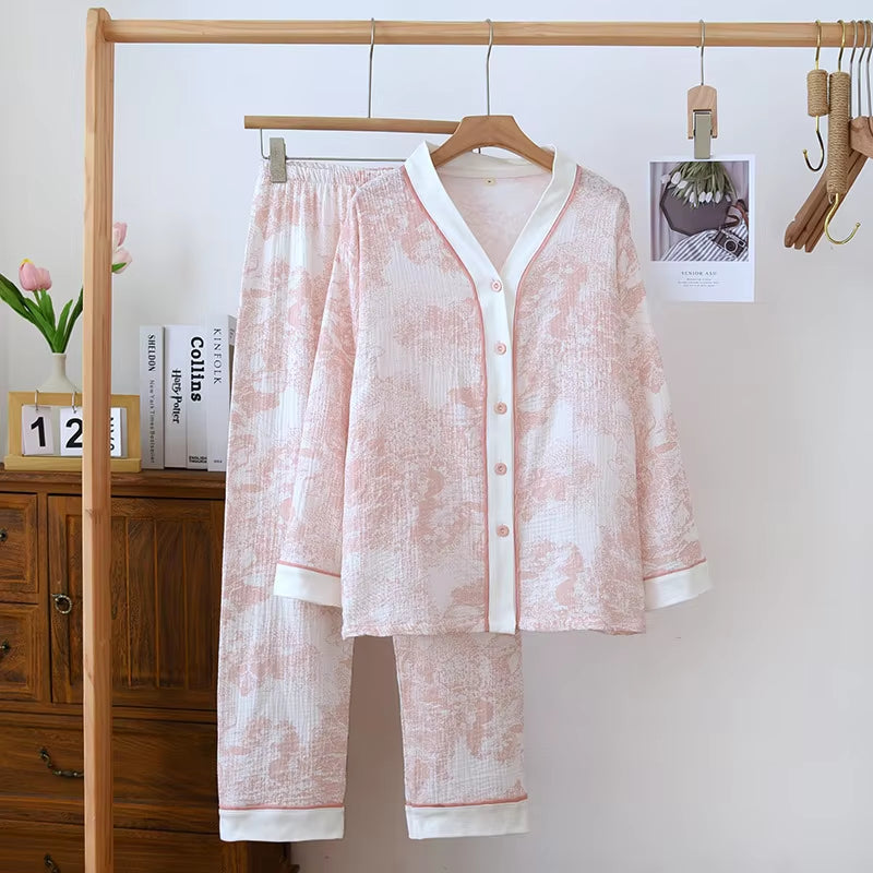 100% Cotton Gauze Women Pajamas Sleepwear Female 2 Piece Set Ink Painting Printing Nightwear Pyjamas Home Clothes Loungewear