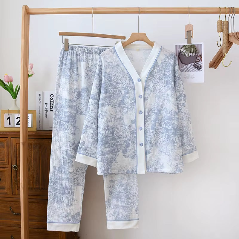 100% Cotton Gauze Women Pajamas Sleepwear Female 2 Piece Set Ink Painting Printing Nightwear Pyjamas Home Clothes Loungewear