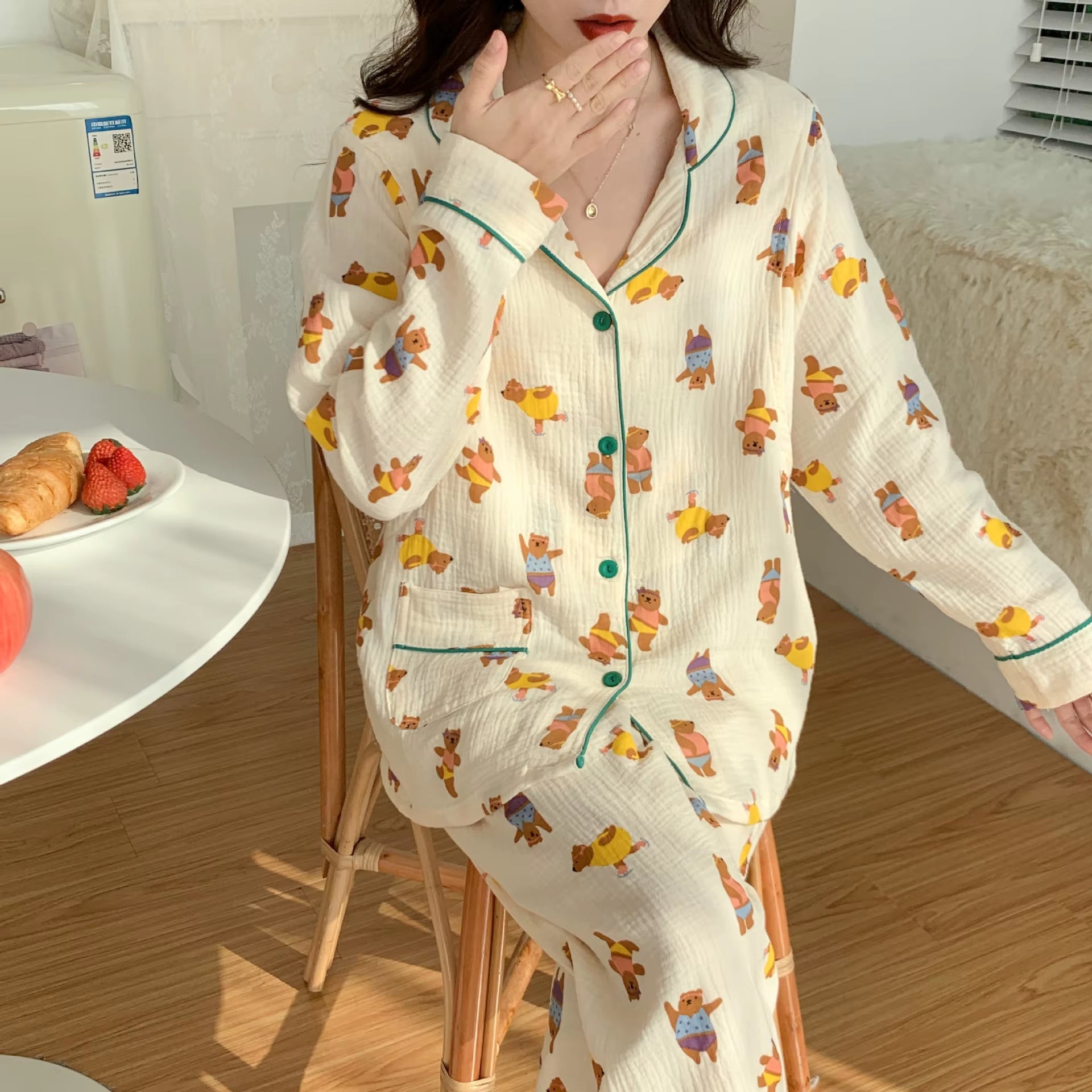 100% Cotton Gauze Women Pajamas Sleepwear Female 2 Piece Set Ink Painting Printing Nightwear Pyjamas Home Clothes Loungewear