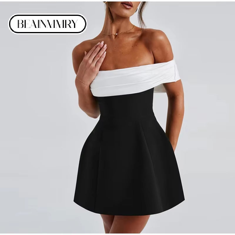 2024 Back Big Bow Decoration Mini Dress Fashion off Shoulder High Waist Sleeveless Backless Dresses Autumnm New Party Gowns