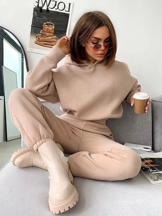 2024 Autumn New Women'S Leisure Suit Solid Color Long Sleeved Loose Hoodie Sports Trouser Female Winter Fashion Two Piece Set