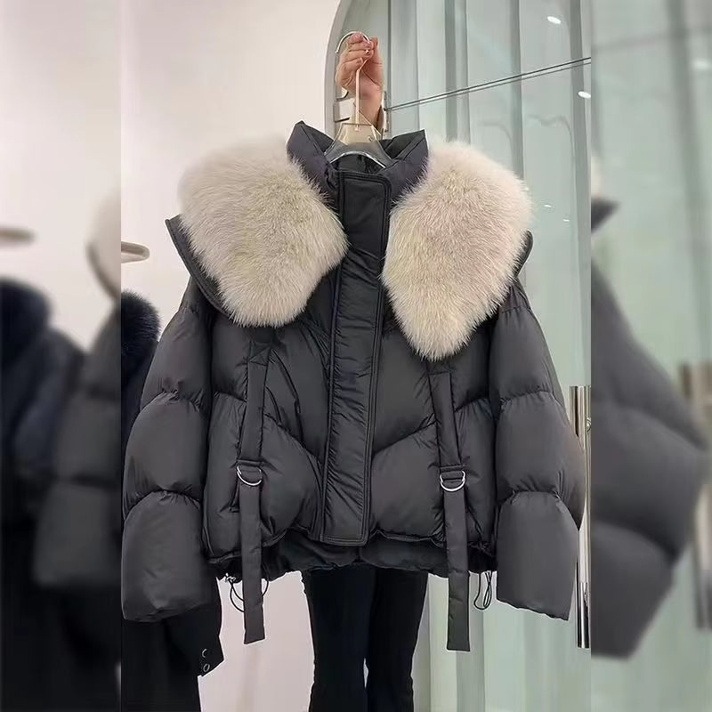 2024 Korean Fashion Fur Collar Winter Women White Jacket Ladies Vintage Short Warm Puffer Coat Female Parka Outerwear