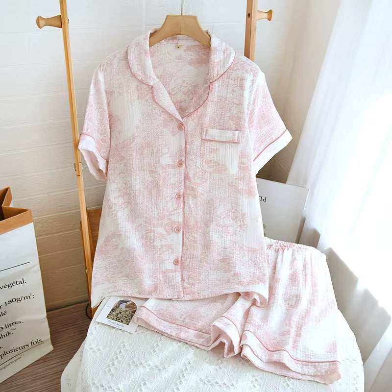 100% Cotton Gauze Women Pajamas Sleepwear Female 2 Piece Set Ink Painting Printing Nightwear Pyjamas Home Clothes Loungewear