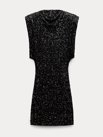 2024 New Fashion Sequin Mini Dress for Women Elegant O-Neck Fly Sleeve Shiny Short Dress Female Chic Club Evening Party Vestidos